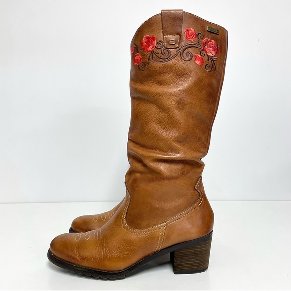 PIKOLINOS Shoes - Pikolinos Floral Embroidered Round Toe Slouchy Brown Leather Boots Size 39/8.5